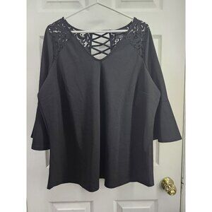 NWT Michel Studio Black Bell Sleeve Top Lace Shoulder Black 2X